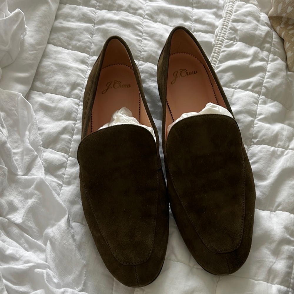 JCREW Suede Smoking Slipper 6.5 Cypress Olive NEW Retail $158 Loafer Shoe Flat